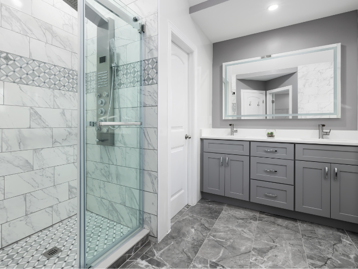 Custom walk-in shower with Gray Tile flooring